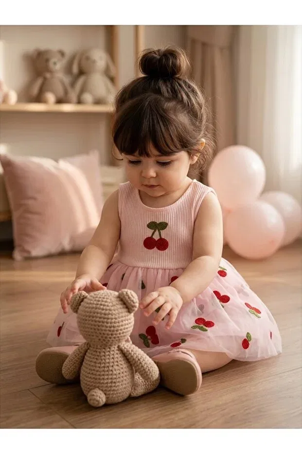 Детское платье для девочек с вышивкой Organic Cotton Cherry Embroidered Tulle Detailed Premium Baby Girl Bodysuit Dress Eradkids, Pink — фото 2
