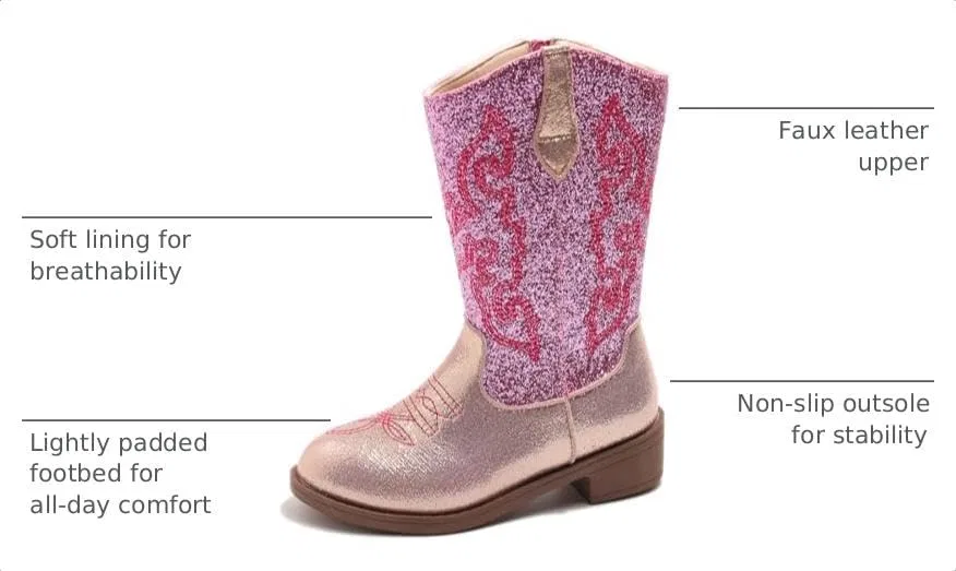 Детские сапоги-казаки с блестками Cowboy Boots для мальчиков и девочек kkdom, Gold Pink — фото 3