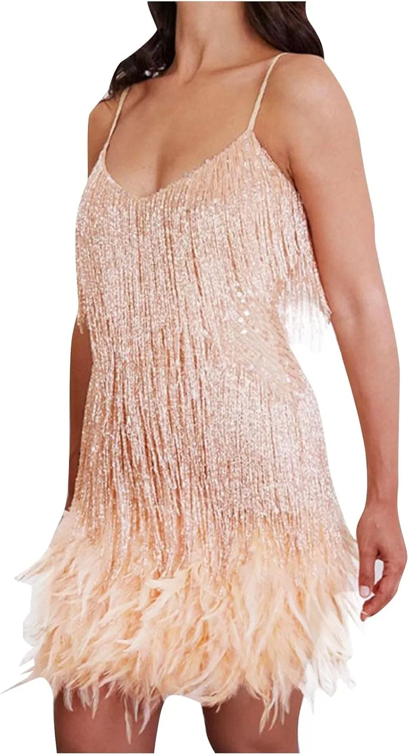 Женское платье с пайетками и бахромой Gatsby, Beige