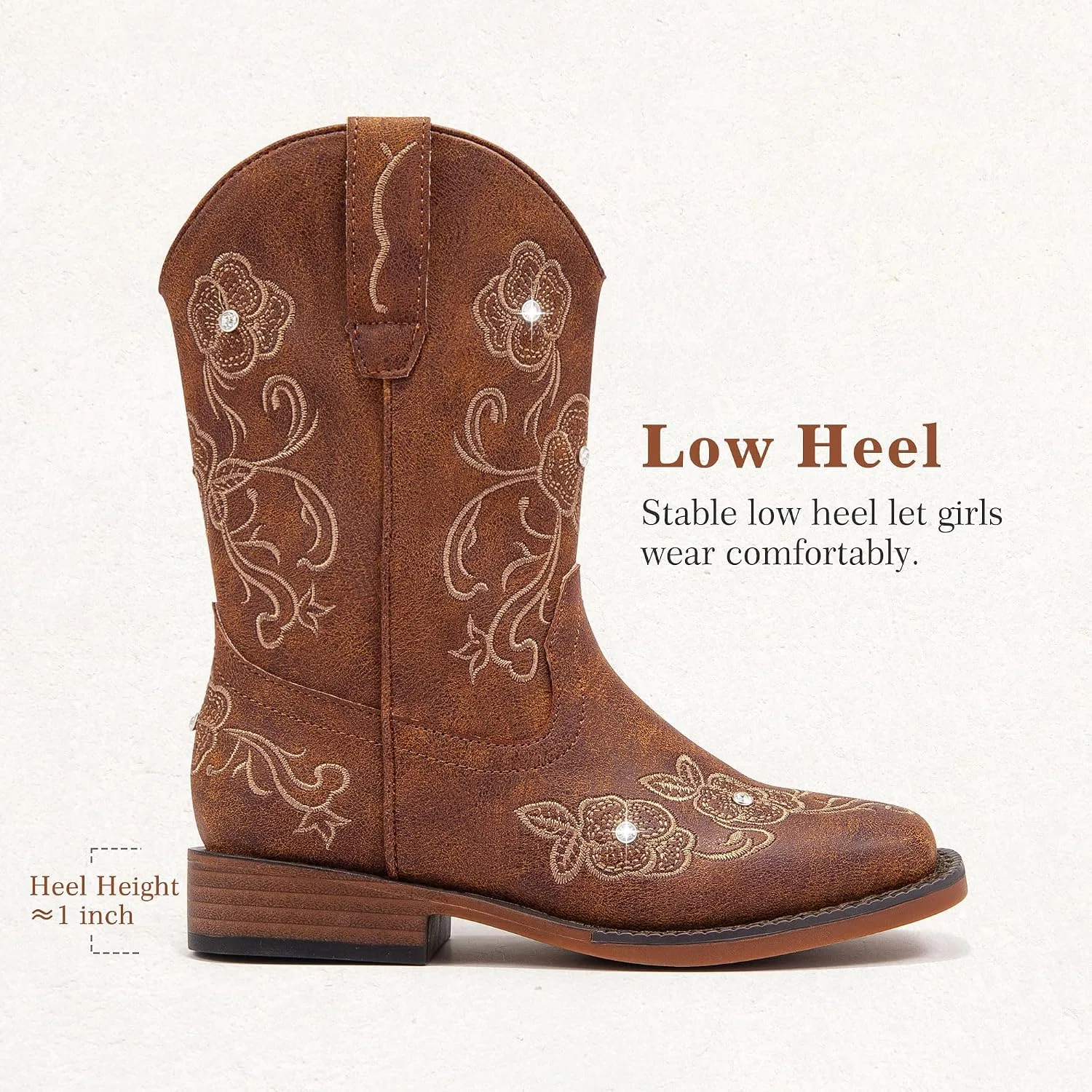 Детские сапоги для девочек с цветочной вышивкой Cowgirl Boots Motasha, Brown — фото 4