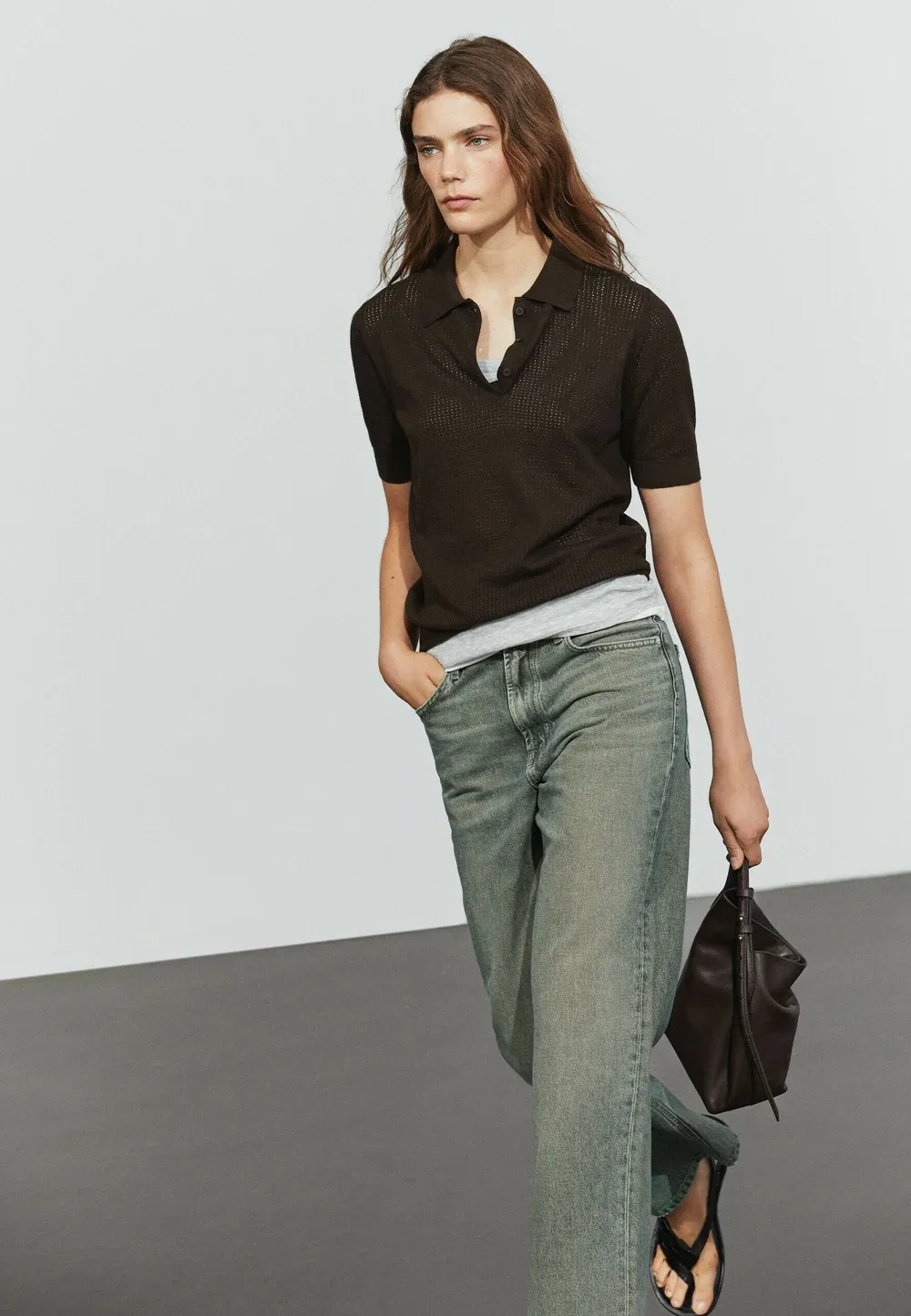 Поло из смесовой хлопковой ткани ажурной вязки - поло Massimo Dutti, Dark Brown — фото 3