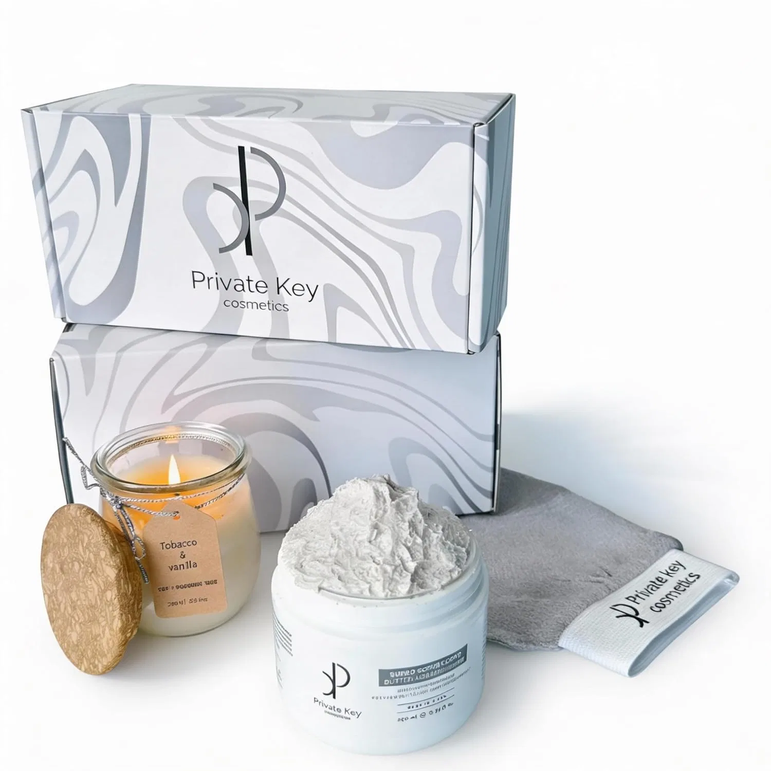 Набор для ванны и тела, Butter Body Scrub, Private Key Cosmetics, с крем-скрабом, свечой и рукавицей, 200 мл