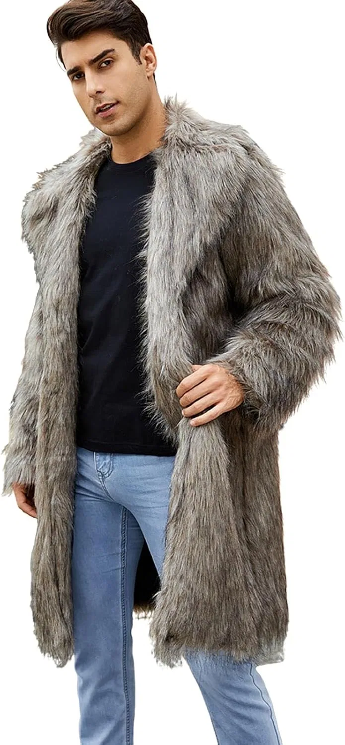 Мужское длинное пальто из искусственного меха, модель Winter Long Fleece, кофейный — фото 2