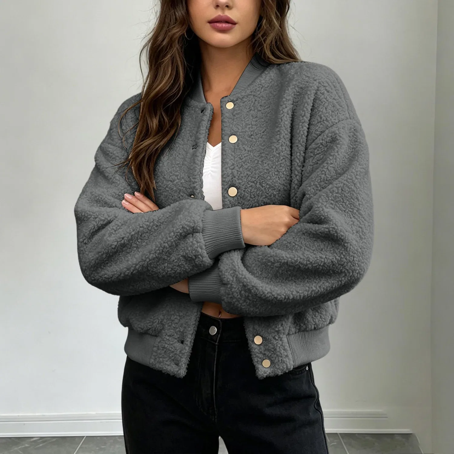 Женская куртка-бомбер с длинным рукавом, из флиса, модель Bomber in pile da donna UK, grigio — фото 3