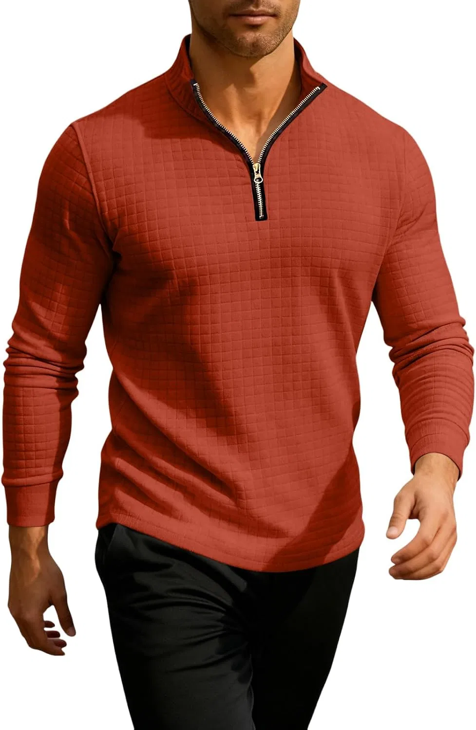 Мужская длинная футболка с вафельным узором Quarter Zip, Vermilion — фото 4