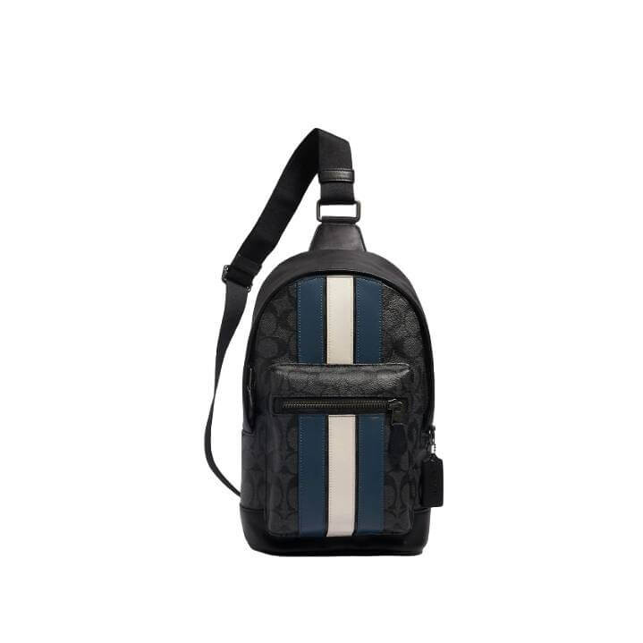 

Сумка Coach Outlet West In Signature Canvas With Varsity Stripe, бронзовый/темно-серый/синий/белый