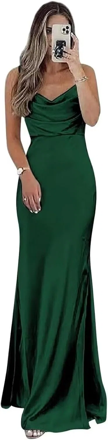 Женское длинное атласное платье с разрезом, на бретелях, Solid, Emerald Green