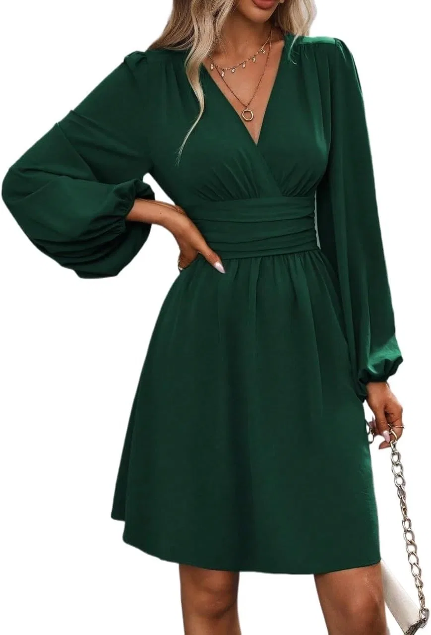 Женское короткое платье с V-образным вырезом и рукавами-фонариками, Dark Green