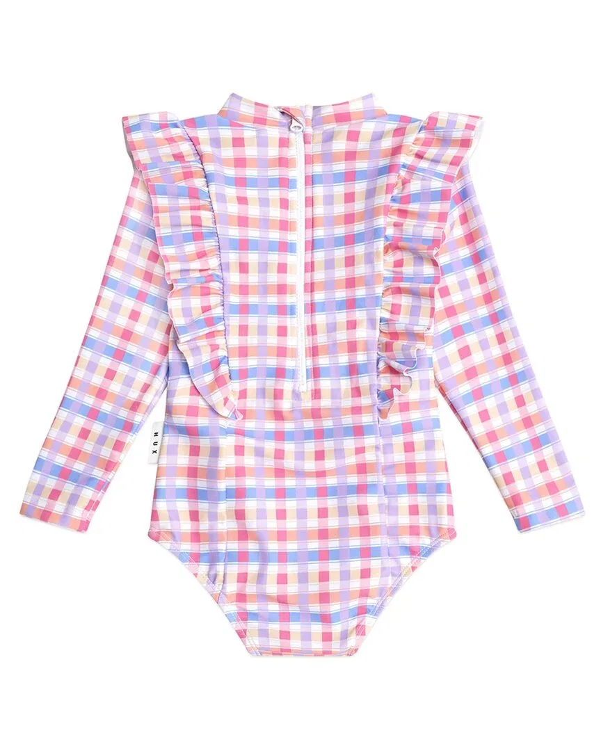 Детский купальник-комбинезон с защитой UPF 50+ Scandi Frill One-Piece Rainbow Check Huxbaby, мультиколор — фото 2