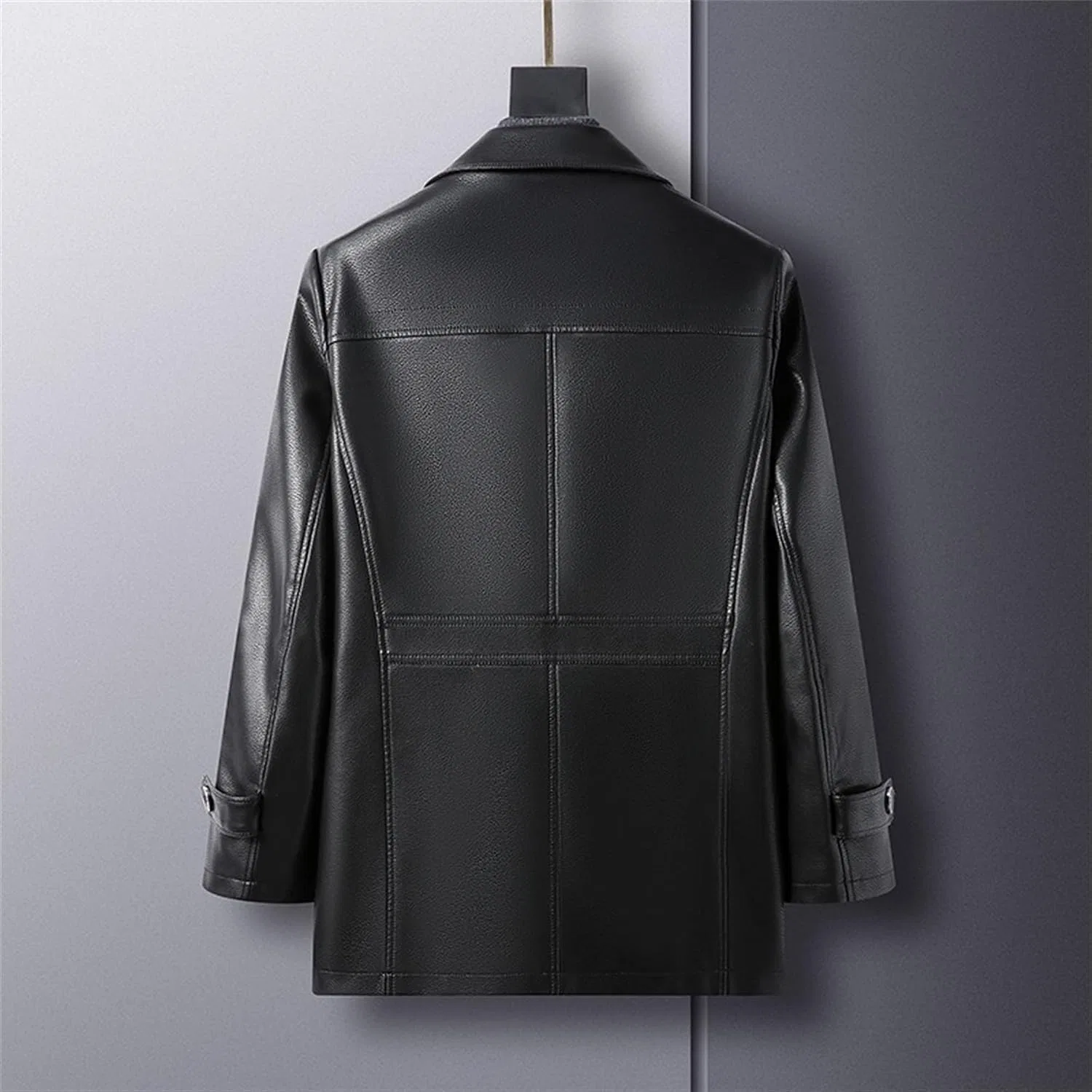Мужское кожаное пальто-блейзер с лацканами, Slim Fit, чёрный — фото 3