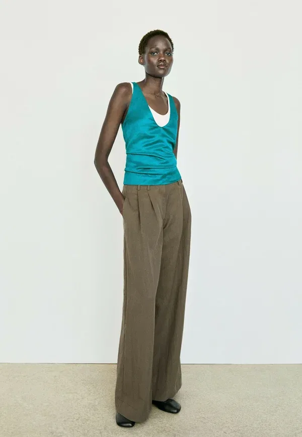 Брюки из лиоцелла, полиамида и льна Technical wide-leg pleated pants - trousers Massimo Dutti, Mottled Brown, коричневый — фото 2