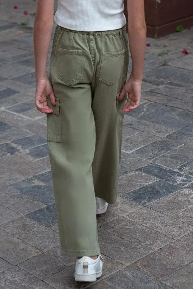 Детские брюки для девочек широкие с карго-карманами Cargo Pocket Detailed Breeze, Khaki Green — фото 4