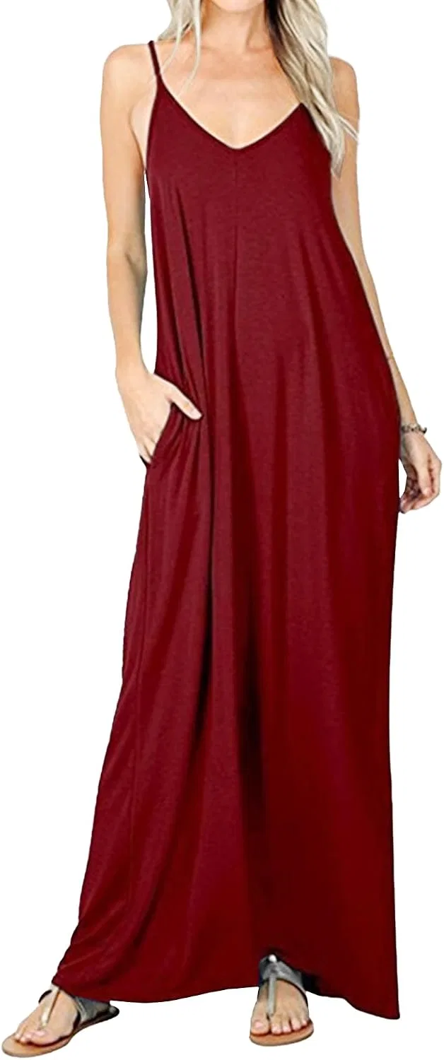 Женское летнее макси-платье с V-образным вырезом и карманами, Wine Red