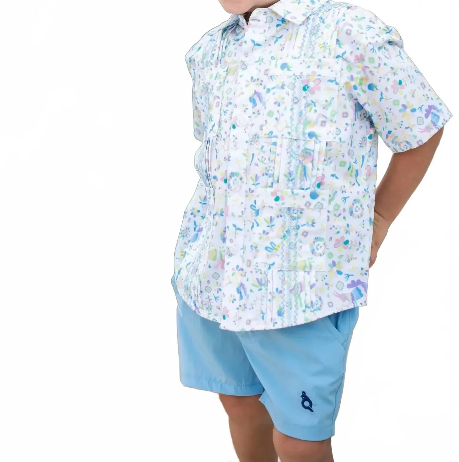 Детская рубашка для мальчиков с коротким рукавом и вышивкой Otomi Guayabera Blue Quail Clothing Co., White — фото 3