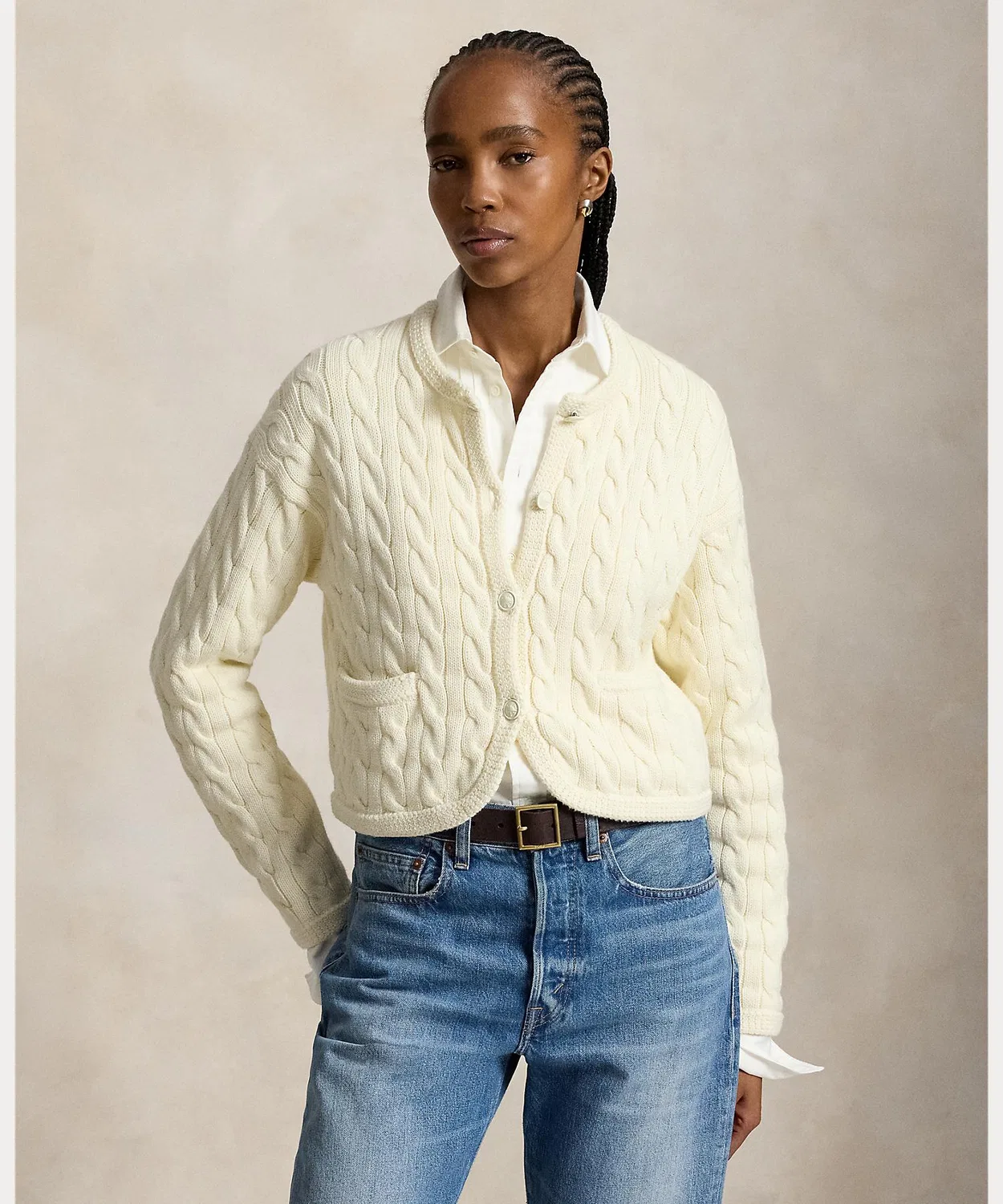 Женский кардиган с длинным рукавом с кабельным узором POLO RALPH LAUREN, Natural