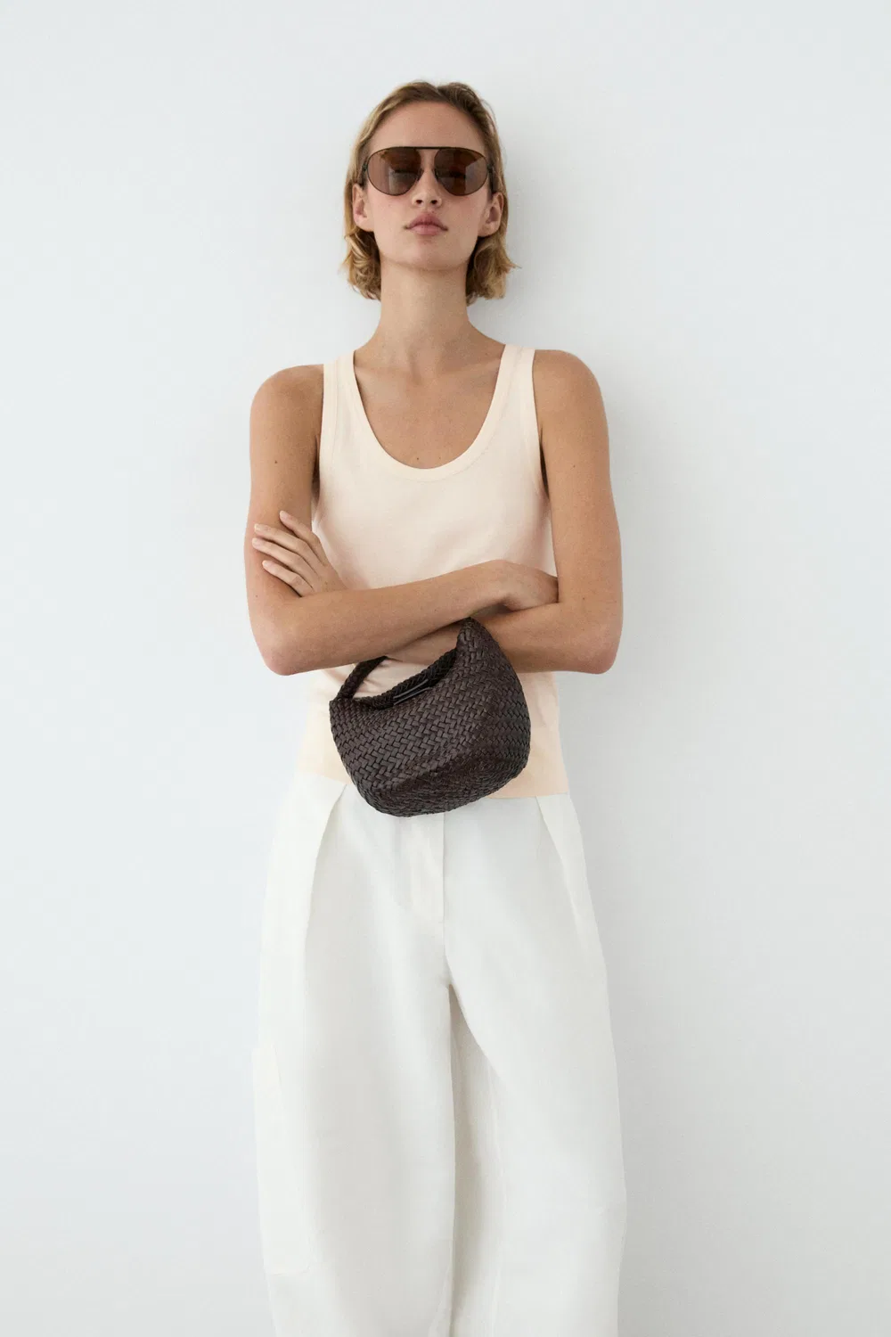 Футболка без рукавов, 100% хлопок Massimo Dutti, бежевый — фото 4