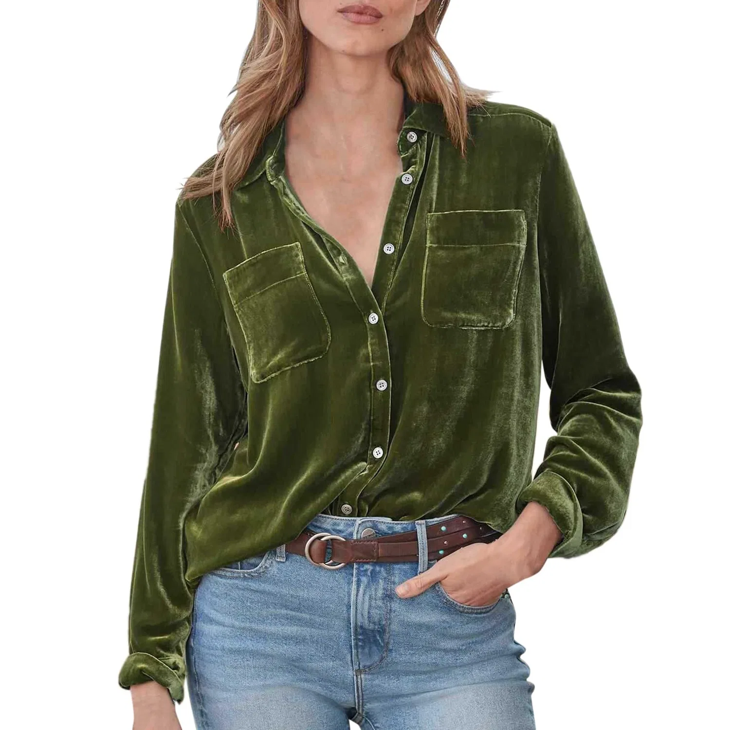 Женская рубашка с длинным рукавом Velvet Shirts Plus Size, с воротником и нагрудными карманами, 1 X Green