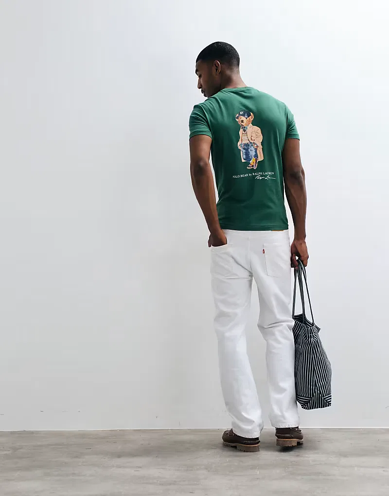 Приталенная трикотажная футболка Polo Ralph Lauren с принтом медведя, зеленый — фото 3