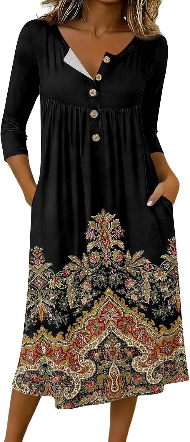 Женское свободное платье с принтом 3/4 рукава, Multicolor