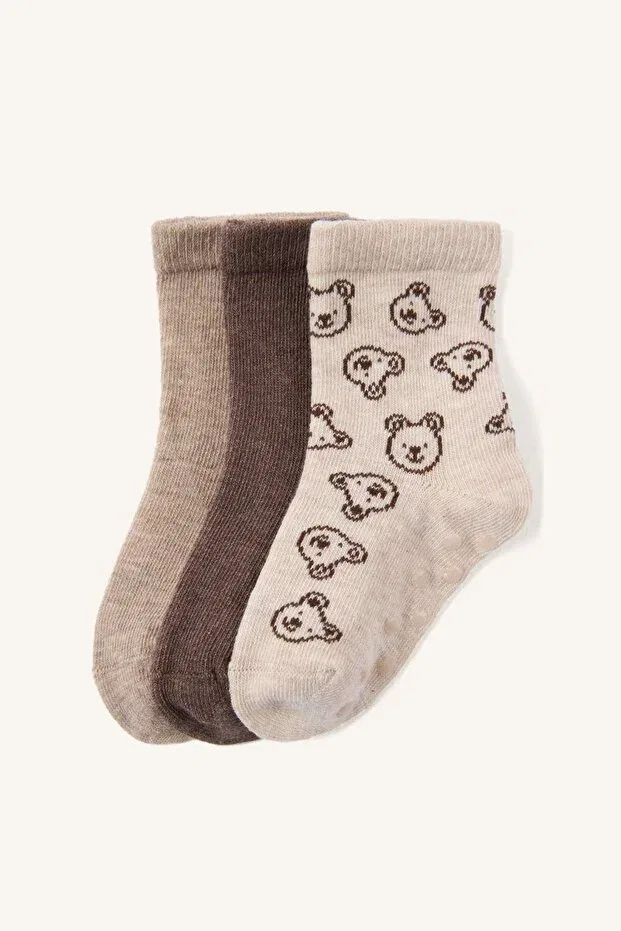 Детские носки для мальчиков хлопковые с принтом 3 шт Bear Printed Seamless Defacto, Coffee-Bn45