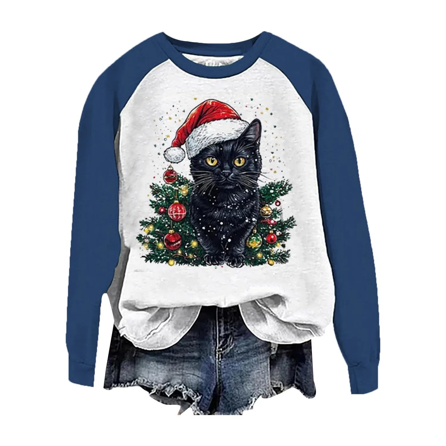 Женский свитшот с принтом Christmas Tree Funny Cat Say What Woman Pullover, Z11 Blue — фото 3