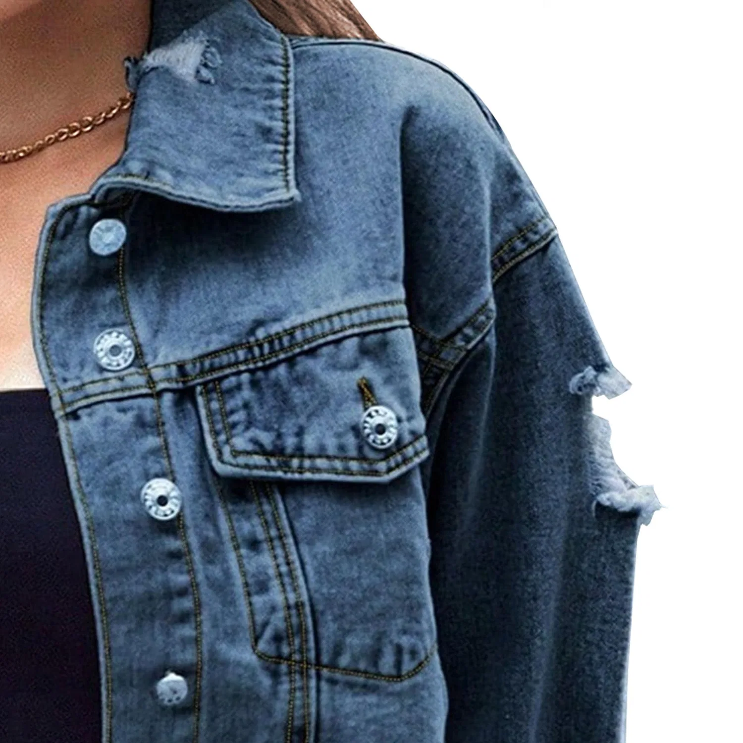 Женская джинсовая куртка с потертостями, с длинным рукавом, Blue-Black — фото 4