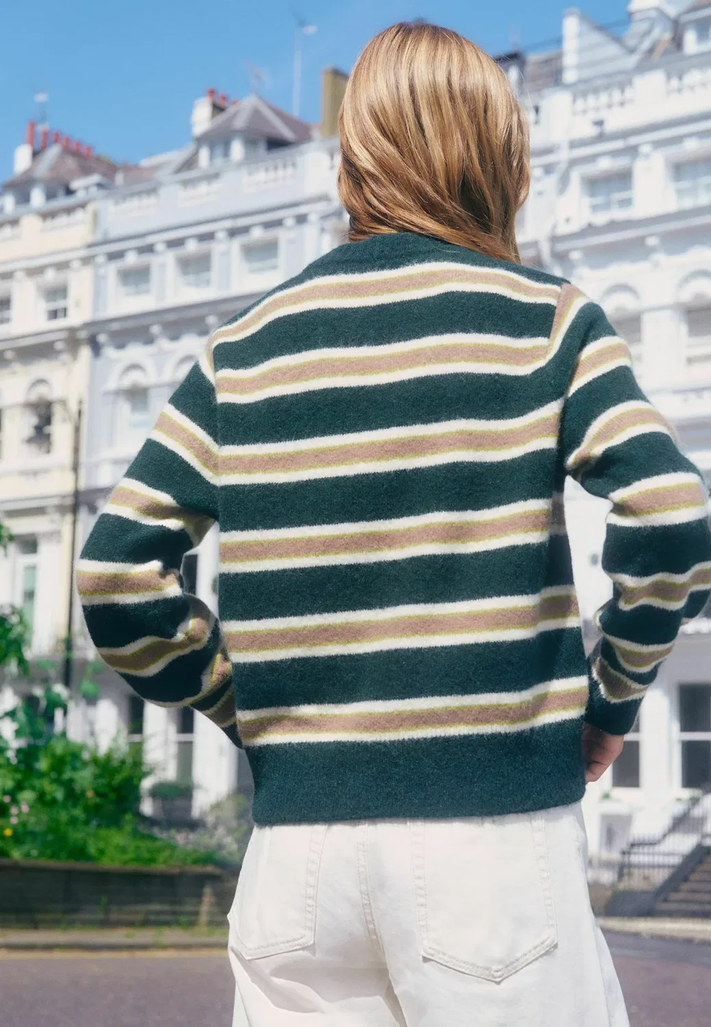 Свитер с длинными рукавами и круглым вырезом, удлиненного кроя Next, Green Camel Stripe — фото 2