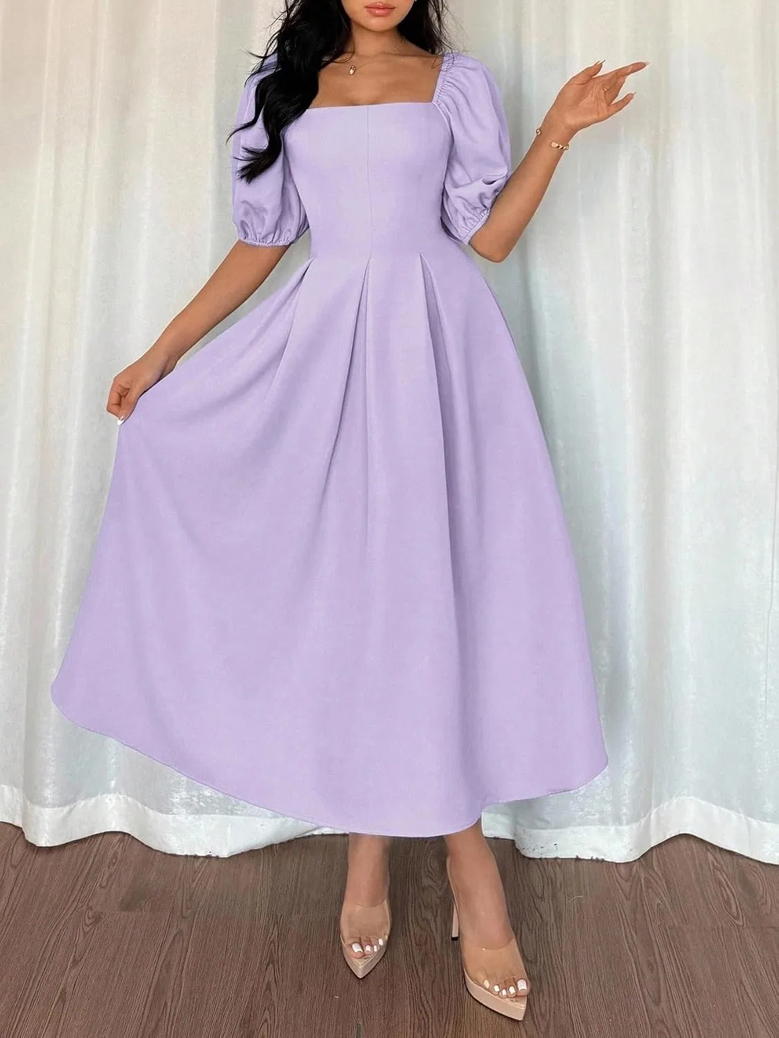 Женское элегантное платье миди с пышными рукавами A-силуэта, Mauve Purple — фото 4