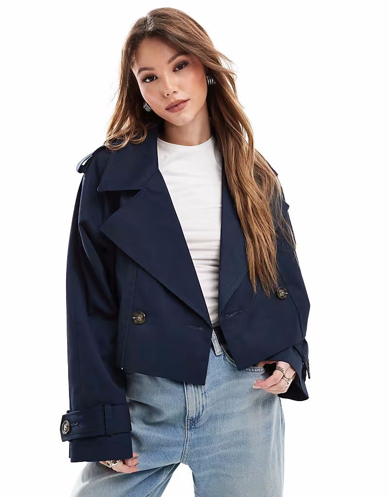 

Укороченный твиловый тренчкот ASOS DESIGN темно-синего цвета