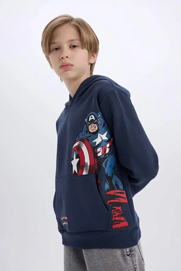 Детская толстовка для мальчиков с принтом Marvel hooded kangaroo pocket Defacto, Navy Blue-Nv94 — фото 4