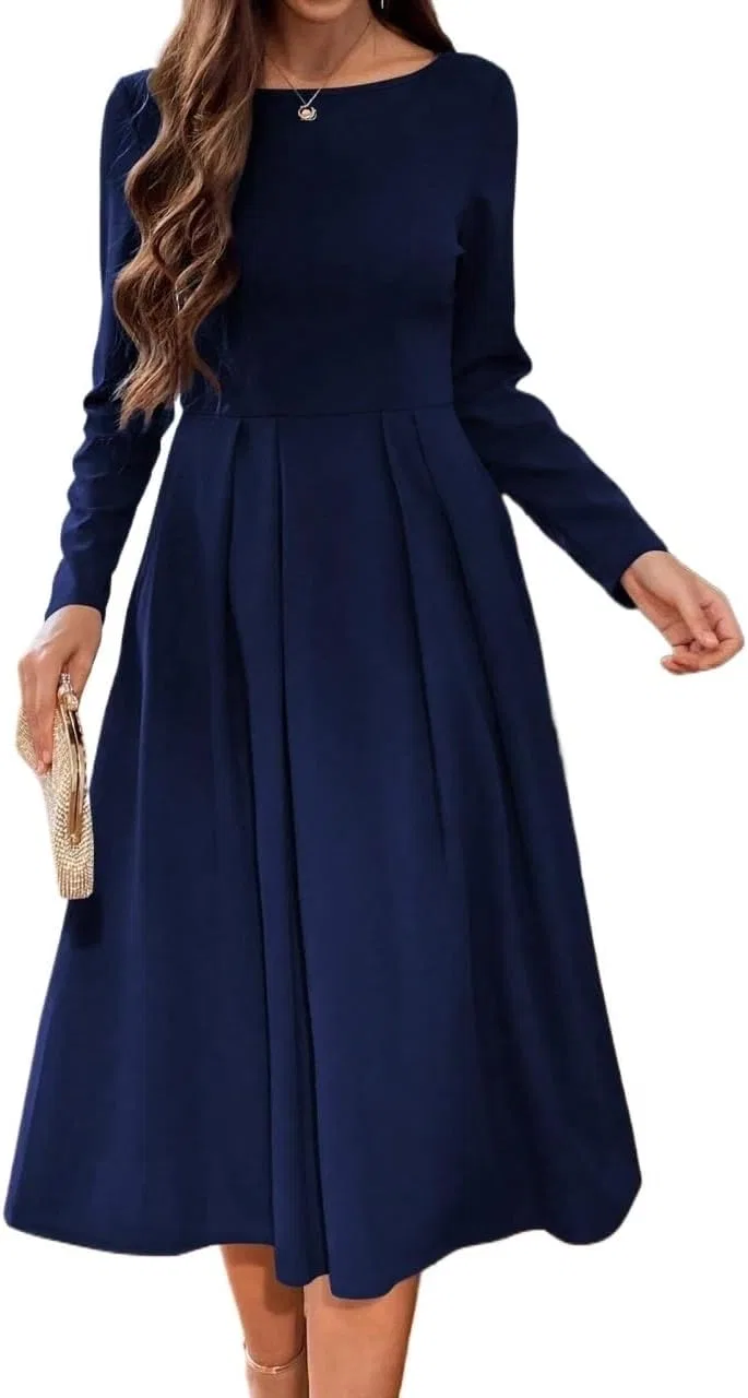 Женское элегантное платье миди с высокой талией, Navy Blue — фото 3