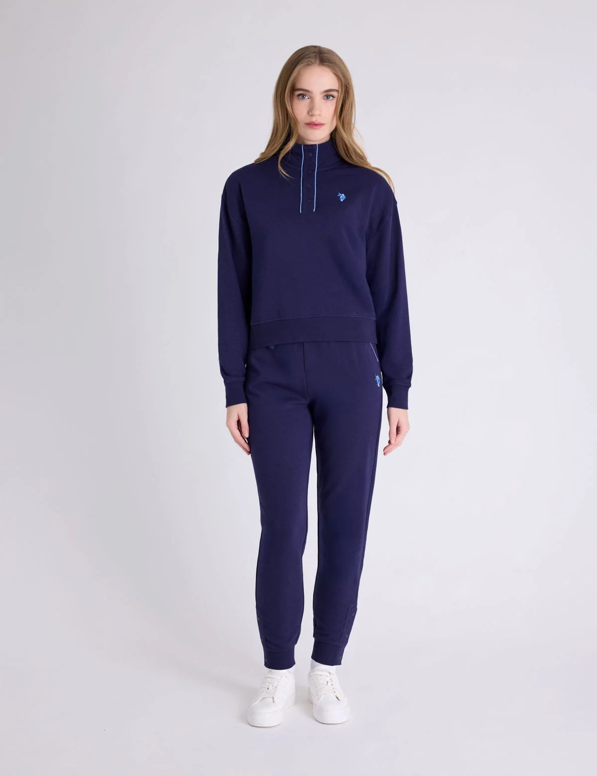 Женский пуловер U.S. Polo Assn. Snap Placket Piped French Terry, темно-синий — фото 3