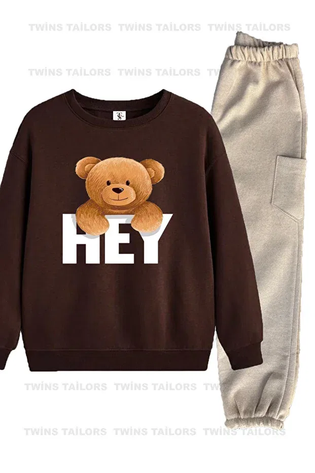 Детский комплект толстовки и брюк для девочек с принтом Skate boarding printed inner lined Twins Tailors, Brown — фото 2