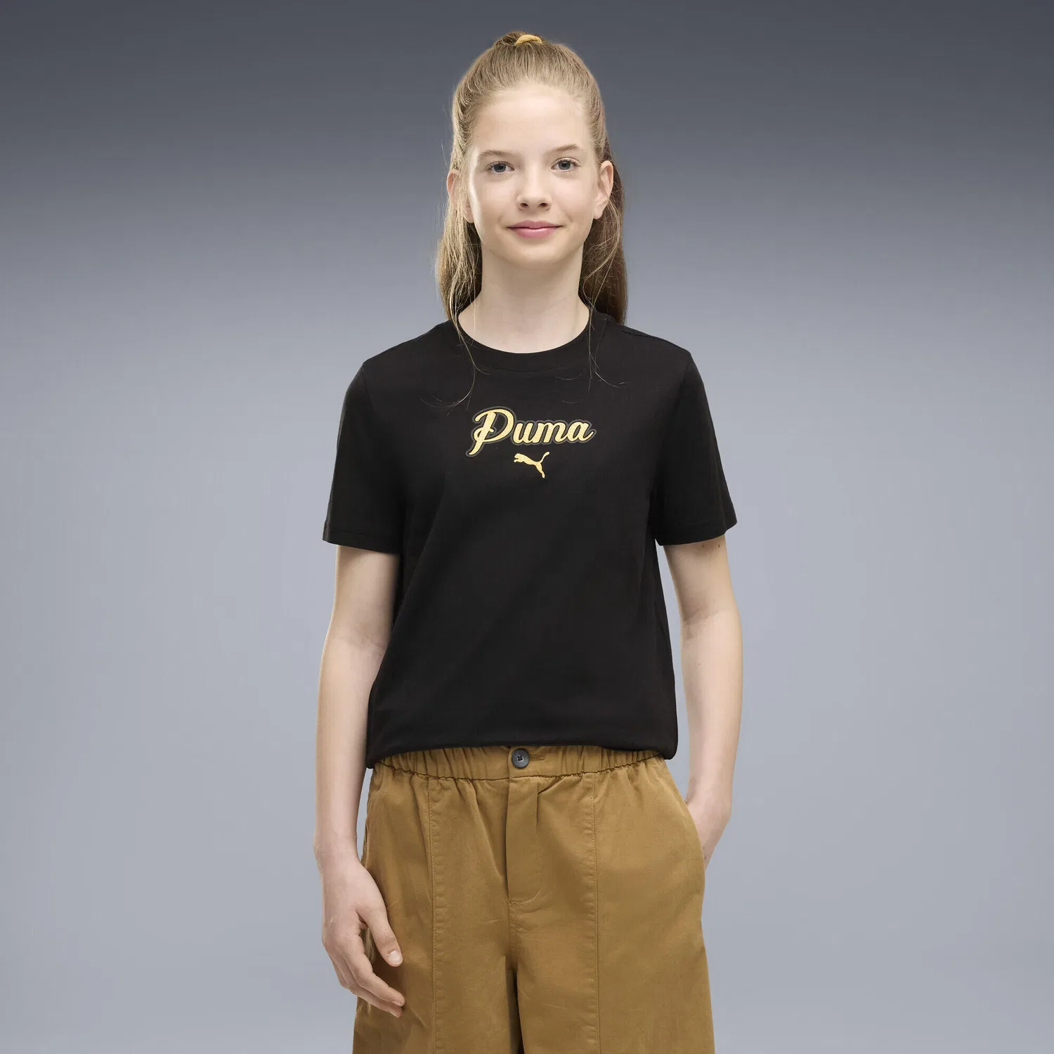 Детская футболка с принтом Essentials Script Glitter Puma, Цвет: Schwarz — фото 2