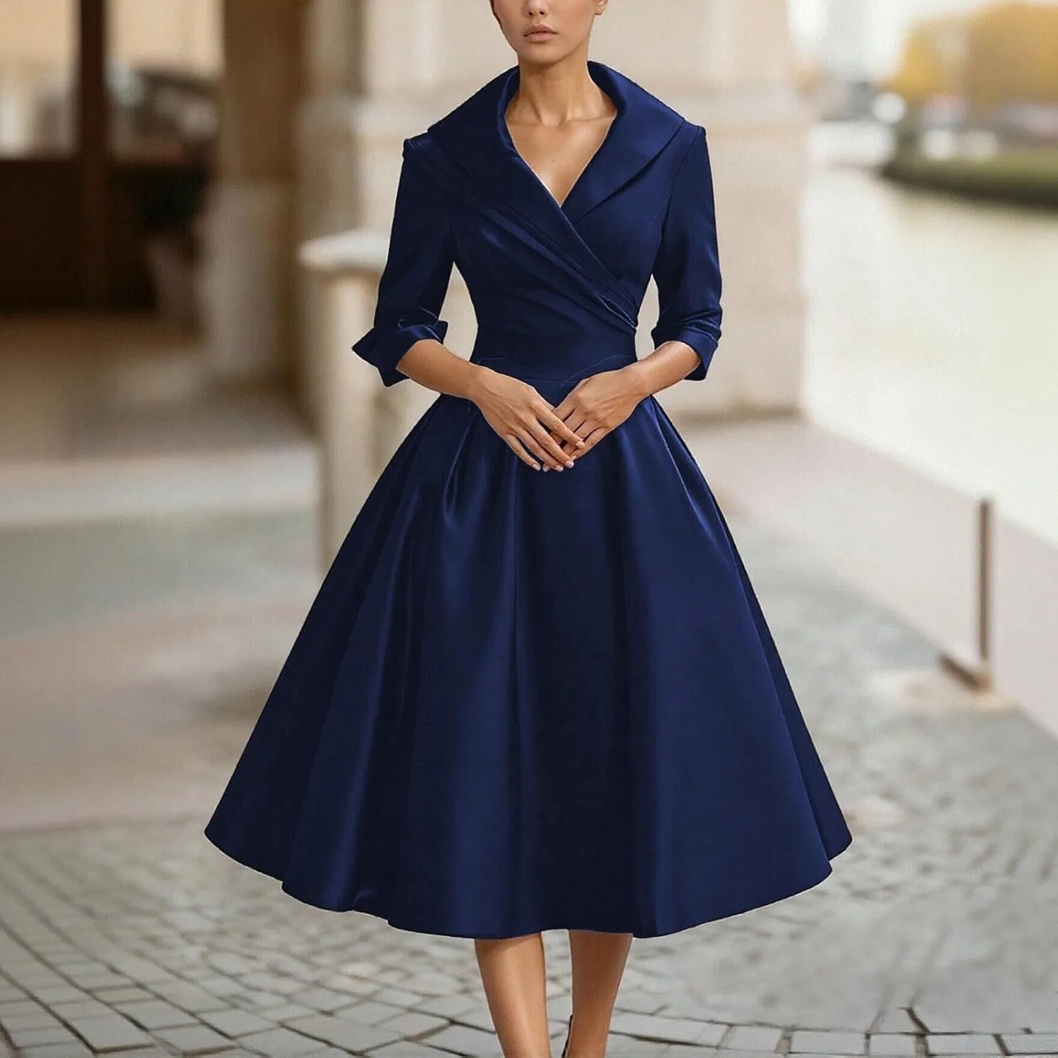 Женское элегантное миди-платье с поясом Waist Cinching Slim Fit, Blue — фото 2