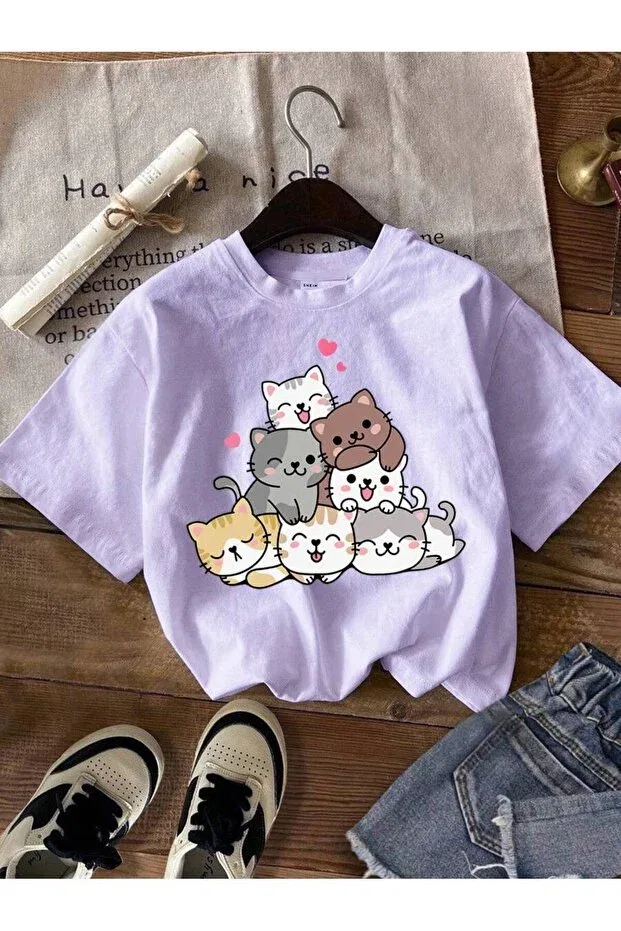 Детская футболка для девочек с принтом Cute Cat Pattern Cc Collection, Cats