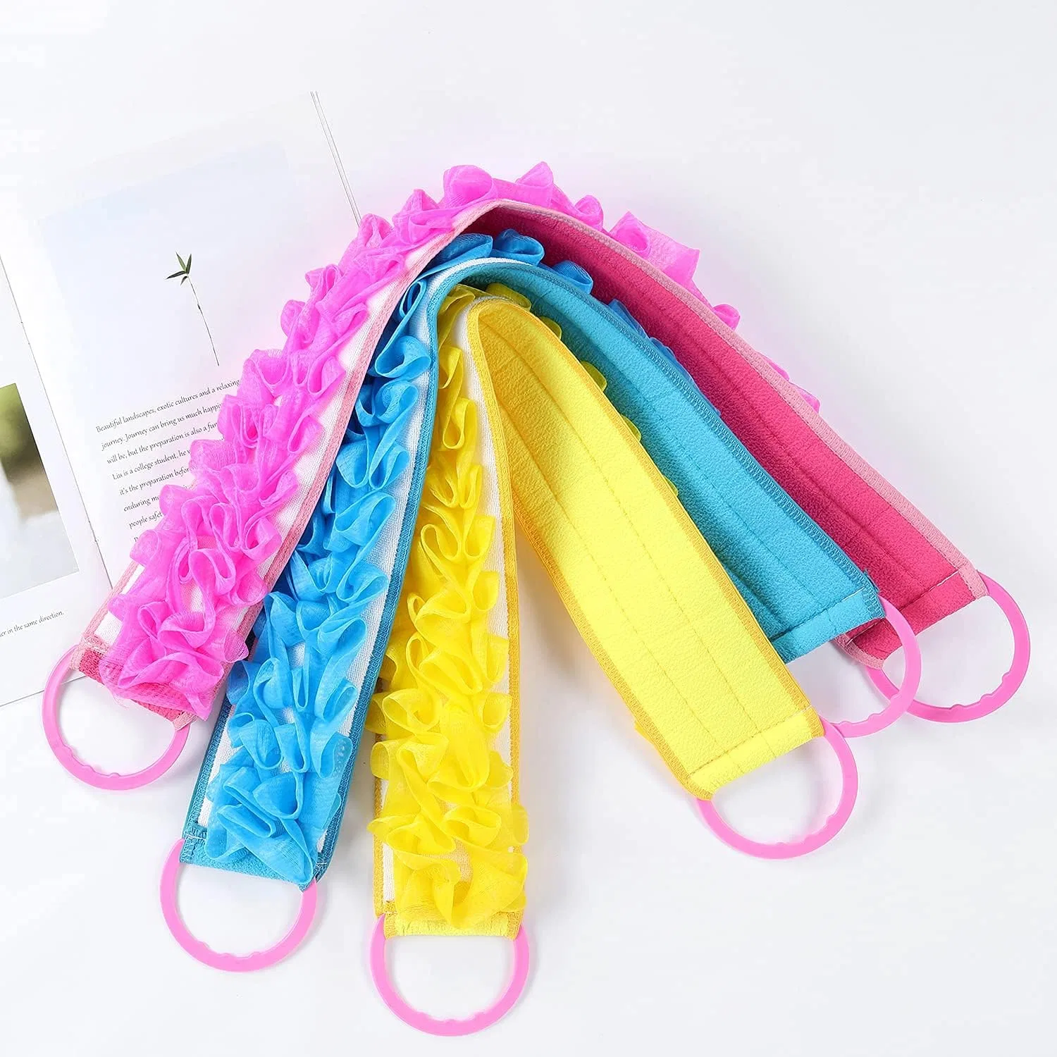 Мочалка для душа двусторонняя, 3 шт, Angla, 75x10 см, Pink, Yellow, Blue — фото 2