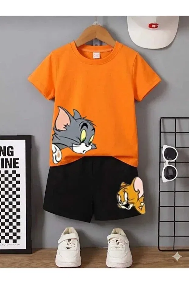Детский комплект свитшот и штаны для девочек с принтом Tom and Jery Nice Clothes, Bottom Black Top Orange