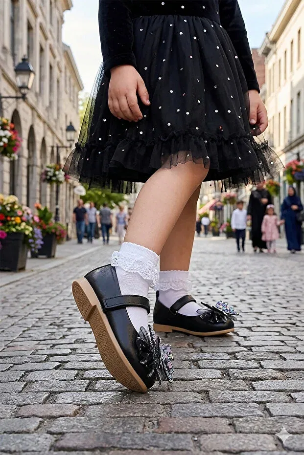 Детские балетки для девочек с принтом Fly Velcro Butterfly Accessory Kiko Kids, Black — фото 3