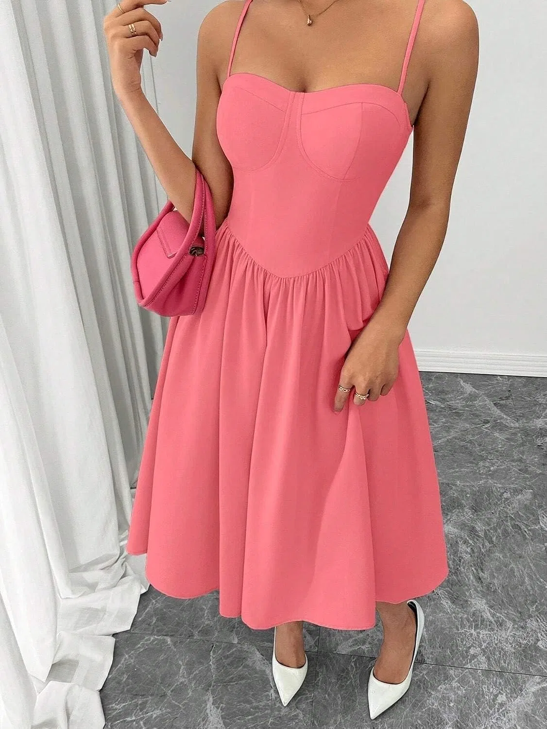Женское элегантное платье миди с открытой спиной, Watermelon Pink — фото 4