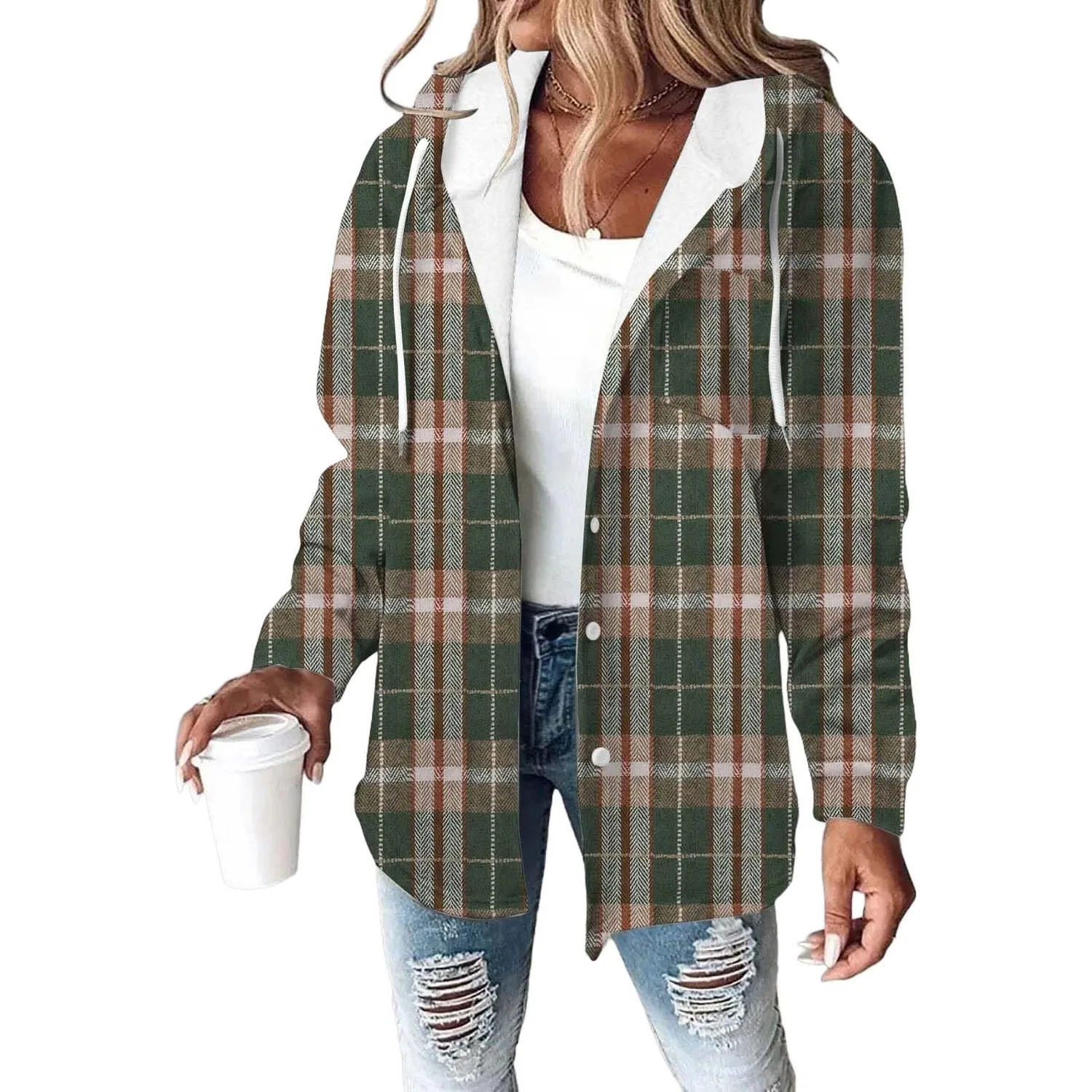 Женская фланелевая куртка-рубашка с капюшоном, с длинным рукавом, в клетку, Verde — фото 3