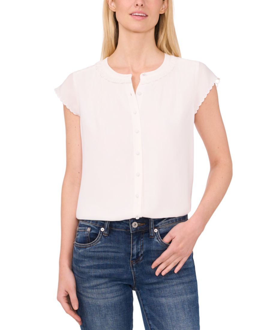 

Женская блузка с фестончатым краем и короткими рукавами CeCe, New Ivory
