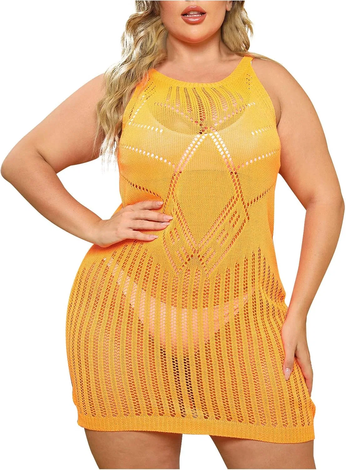 Женский пляжный костюм с кружевной вязкой Plus Size, Yellow