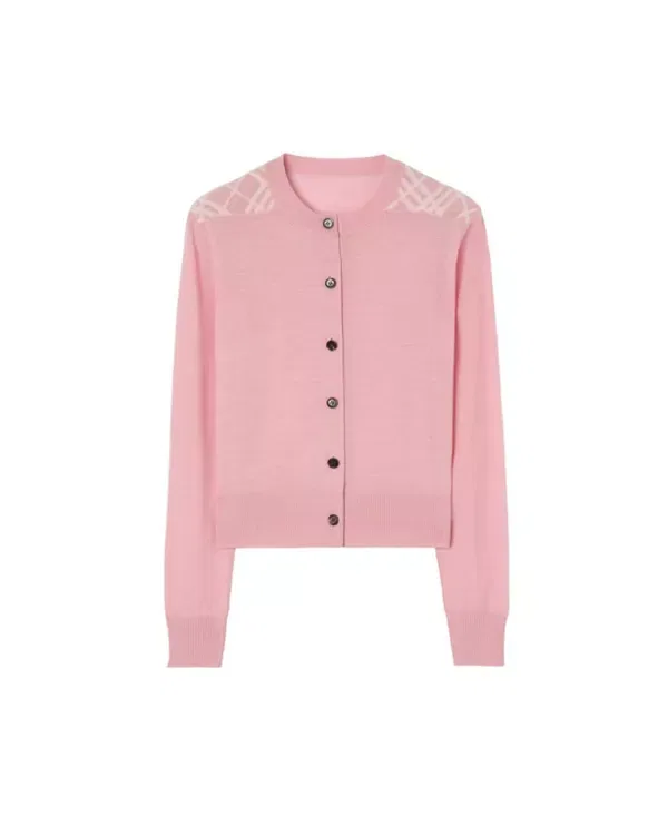 Женский кардиган из шерсти и шелка с принтом Check Panel Wool Silk Cardigan Burberry, Begonia Pink — фото 3