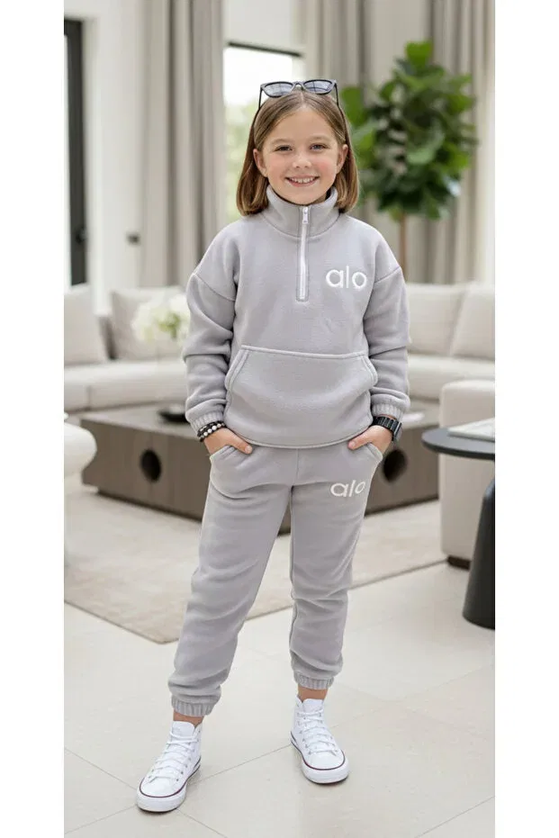 Детский спортивный комплект для девочек из флиса Oversized children's fleece tracksuit set Calisa, Gray — фото 4