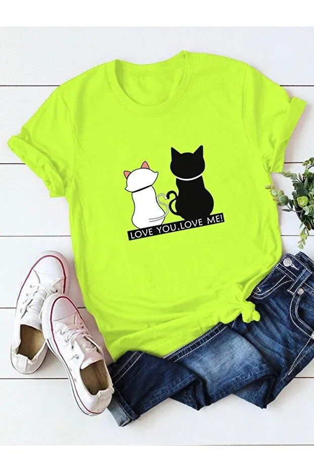 Детская футболка с принтом Girl-Boy child friend cats printed neon green combed cotton t-shirt Morning Kids, Neon11