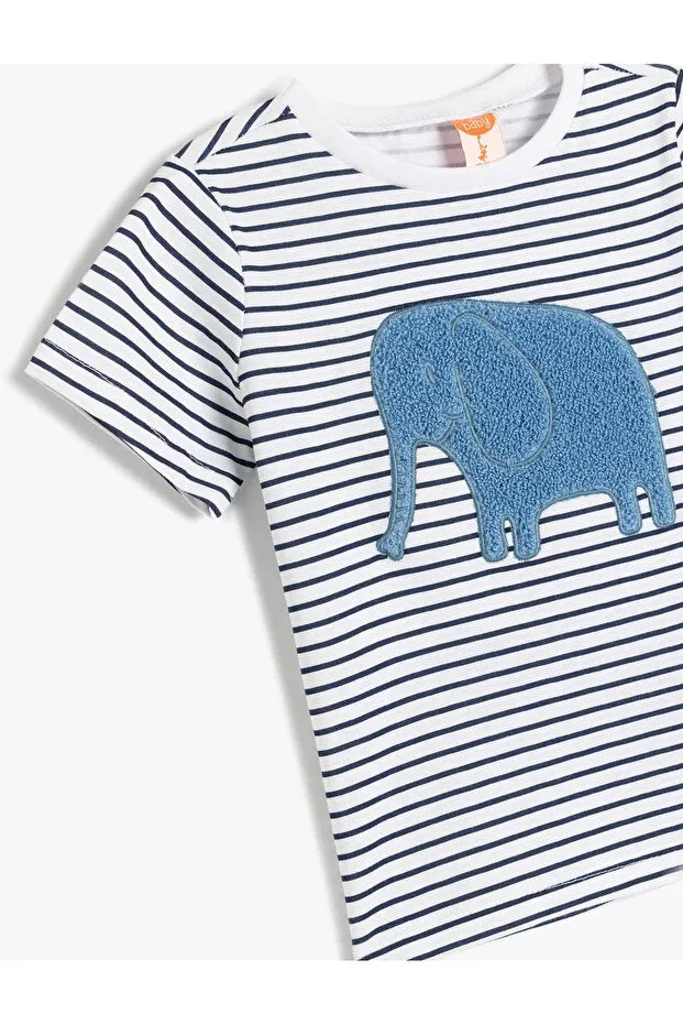 Детская хлопковое футболка с принтом Elephant Appliqued Koton, Blue Striped — фото 3