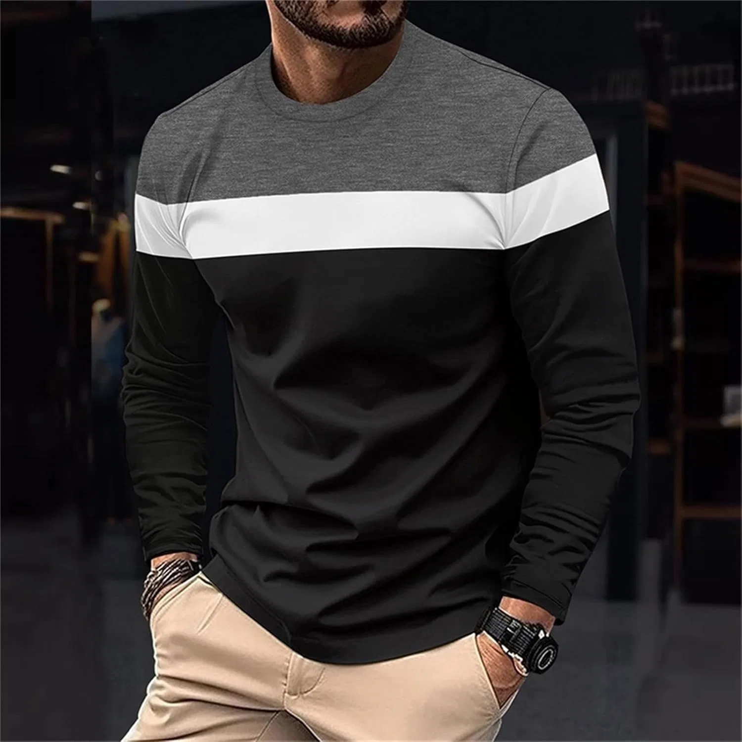Мужская футболка с полосками Crewneck Cotton Blend Pullover, Dark Gray — фото 2