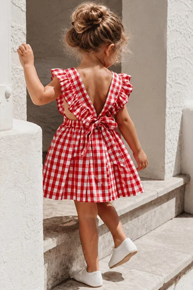 Детское платье для девочек с принтом Violetta Red Gingham Ruffled Tie Detailed Dress Bandana Suit Parla Kids, Red