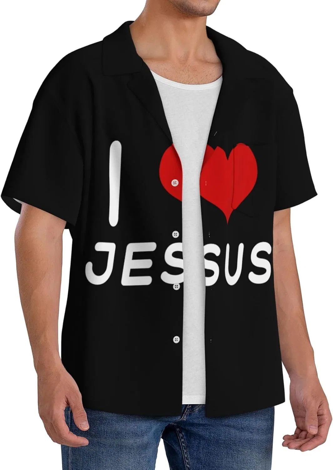 Мужская повседневная рубашка с кубинским воротником I Love Jesus, Black — фото 2